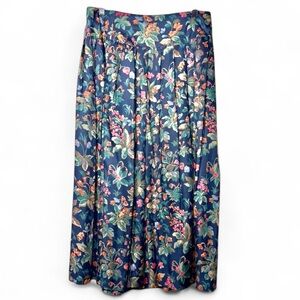 Vintage Classic Pleated Skirt Holiday Heritage Twee Sz 14 Floral Long Navy Blue